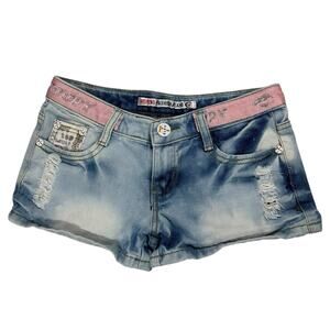 Y2K McBling Distressed Denim Micro Shorts Size 27 Pink Snoopy Waistband